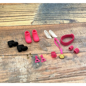 Vintage Barbie Accessory Lot Mattel Shoes Earrings Bracelet Medal Sweatband 17 p